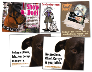 Various posters and signs for MDS demonstration against Senator John Cornyn.