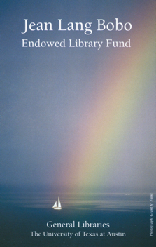 Jean Bobo library endowment bookplate and decorative indoor banner, UT Austin, 2000.