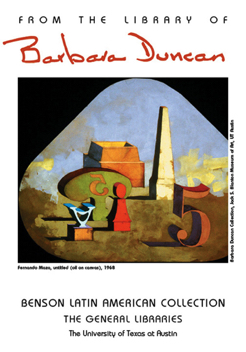 Barbara Duncan bookplate and decorative satin banner, UT Austin, 2004.