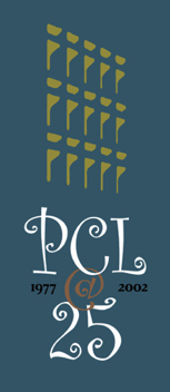 PCL@25 outdoor banner commemorating Perry-Castaneda Library&rsquo;s anniversary, UT Austin, 2002.